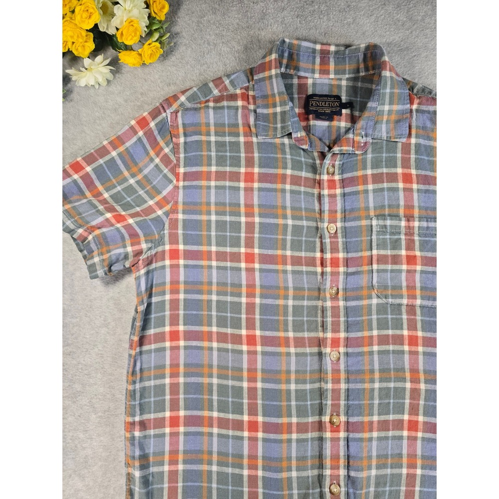 Pendleton Mens Dawson Linen Rayon Plaid Short Sleeve Button Up Shirt L